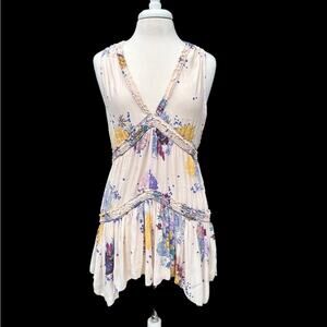 Free People Cream Floral V-Neck Tunic with Pastel Accents